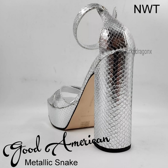 NWT Metallic Snake Platforms Open Toe Silver Block Heel Sandals Ankle Strap Lock - Picture 7 of 16